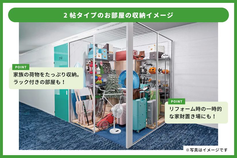 2帖タイプのトランクルームに荷物を詰めた場合のイメージ図。ラックなどを設置して、効率的に荷物を保管できる。