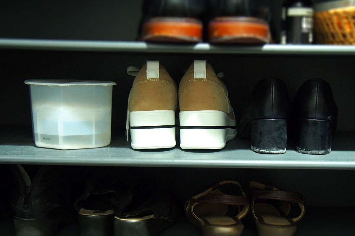 除湿剤が置かれた靴箱。