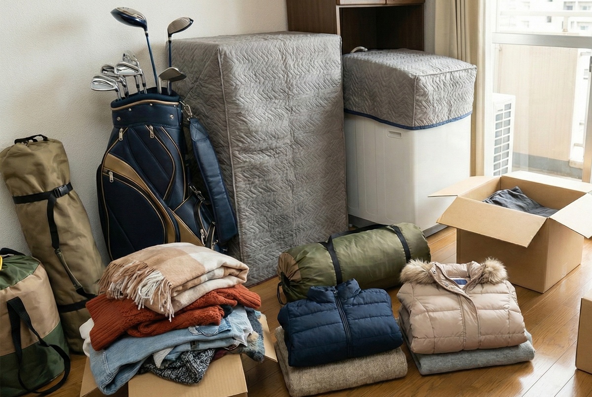 冬服、ゴルフバッグ、キャンプ用品、家具・家電