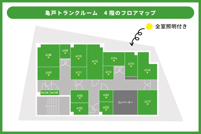 ストレージ王 亀戸トランクルーム4階のフロアマップ。0.4帖から3.8帖までの幅広い部屋があることを図示している。