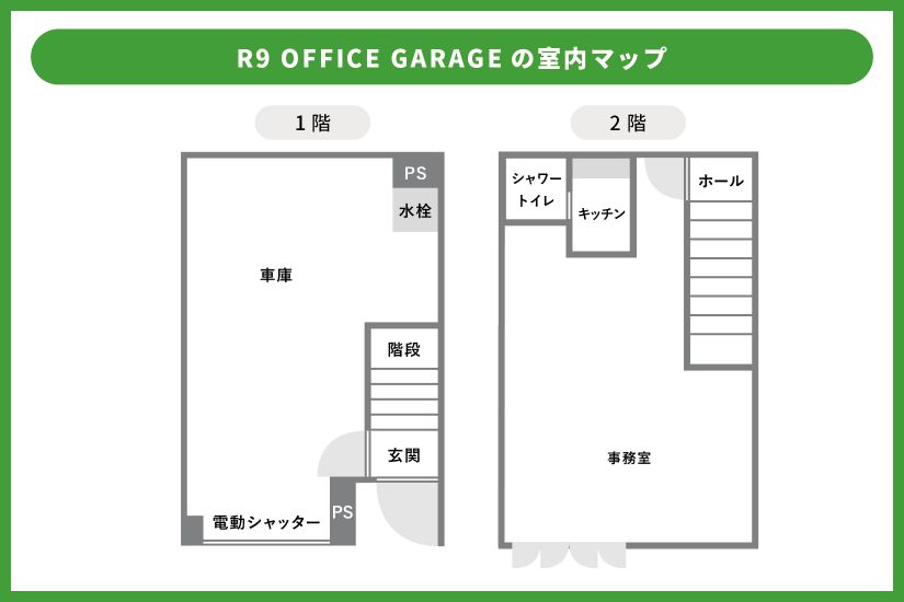 R9オフィスガレージ藤岡の室内マップ。1階がガレージスペース、2階は事務所になっていることが分かる。