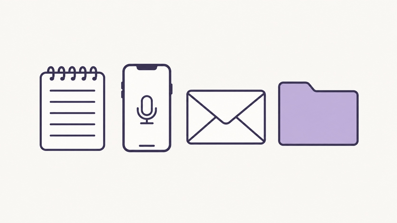 A notepad, a phone with a microphone symbol, an envelope and a folder side by side