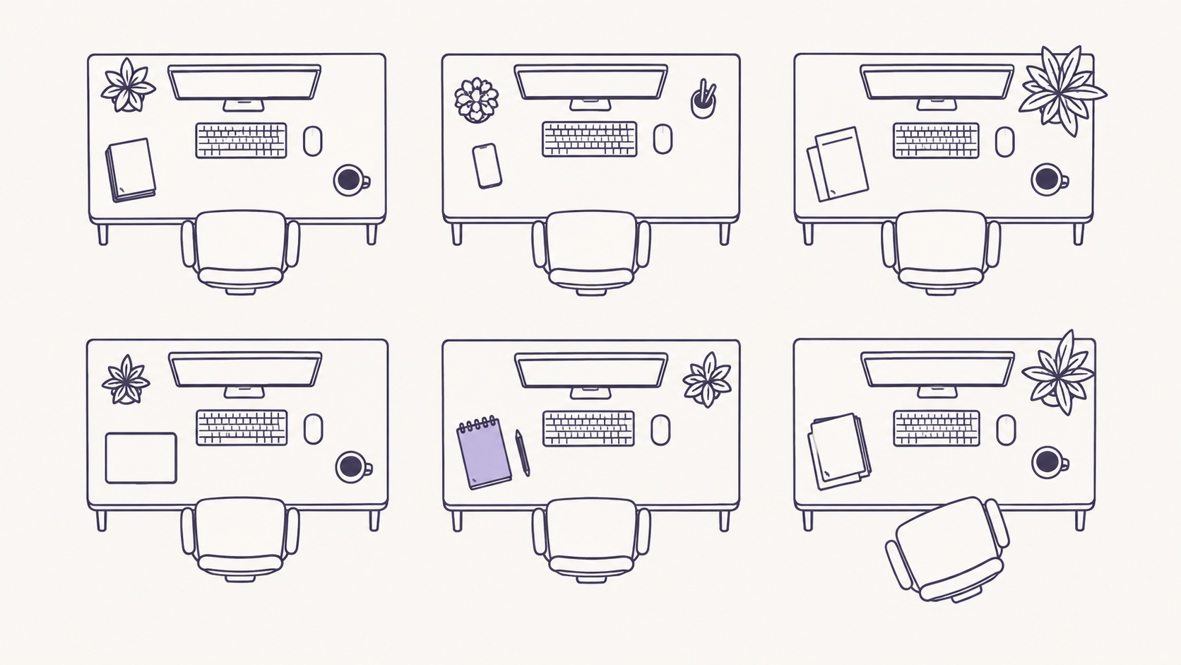 An office floor plan from above with one chair pulled back and a notepad on the next desk