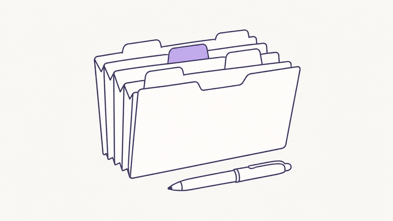 An open accordion file with tabbed sections and a pen