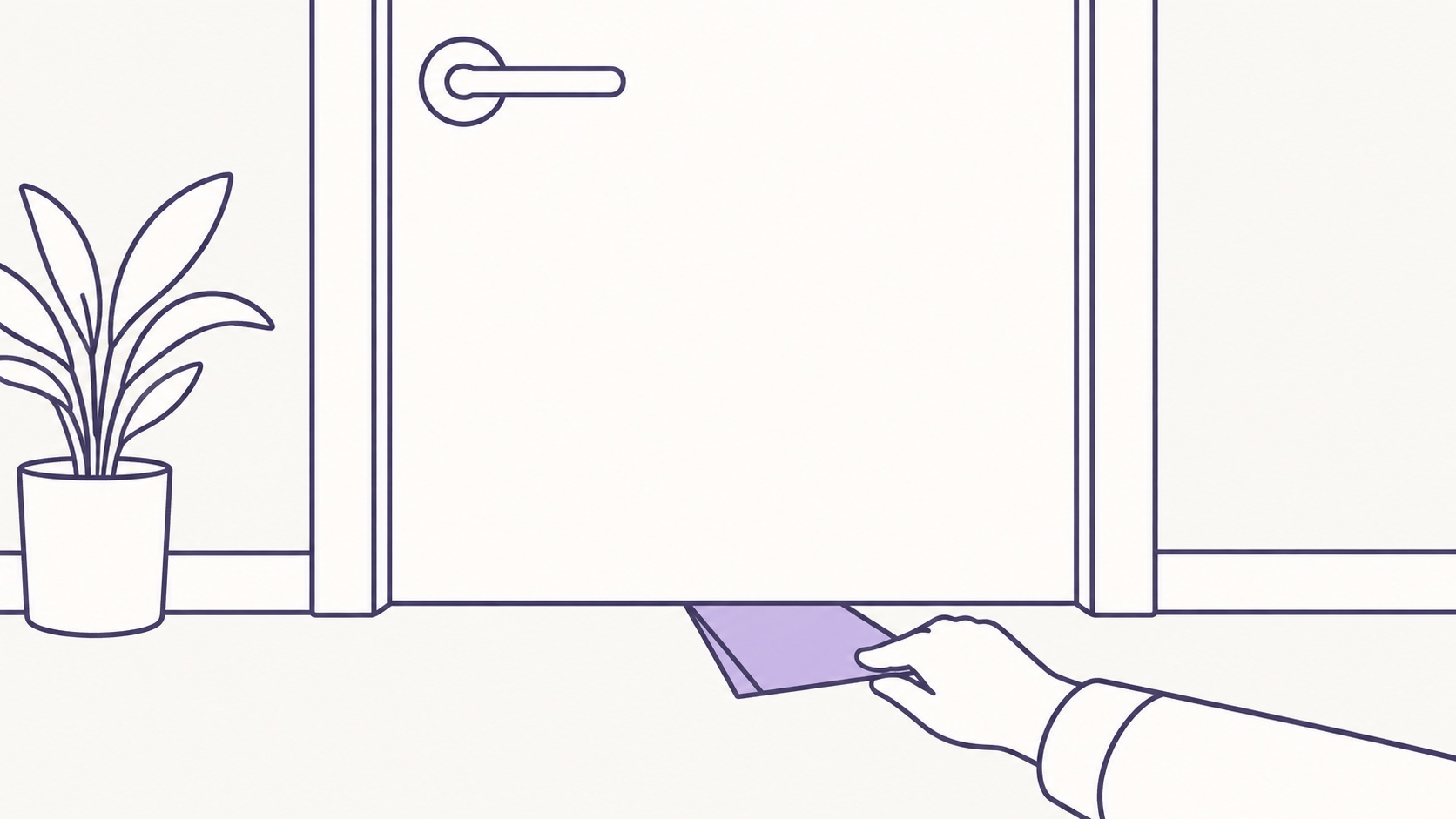 Una mano deslizando una nota doblada por debajo de la puerta de una oficina