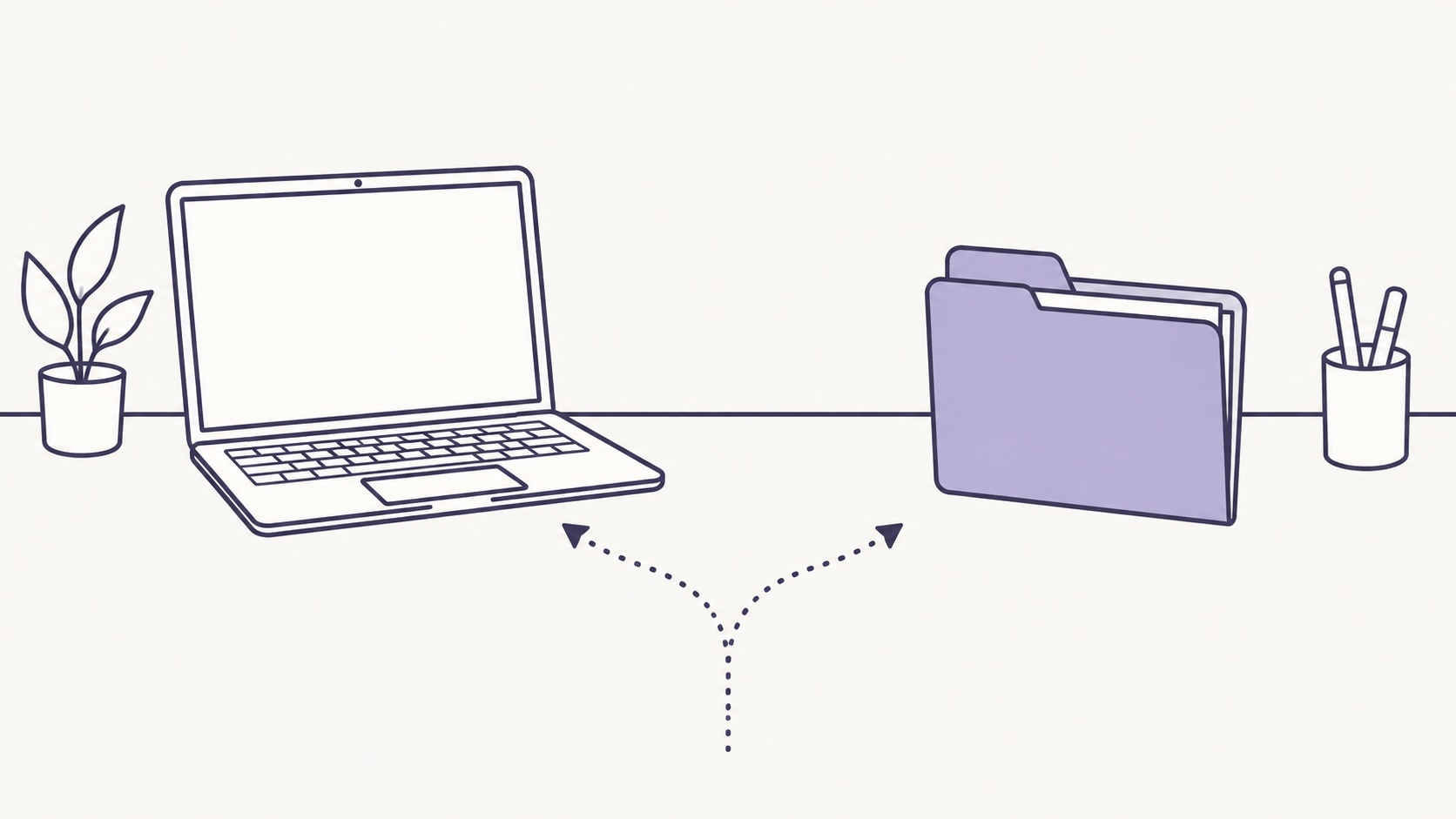 A dotted path forking towards a laptop and a paper folder