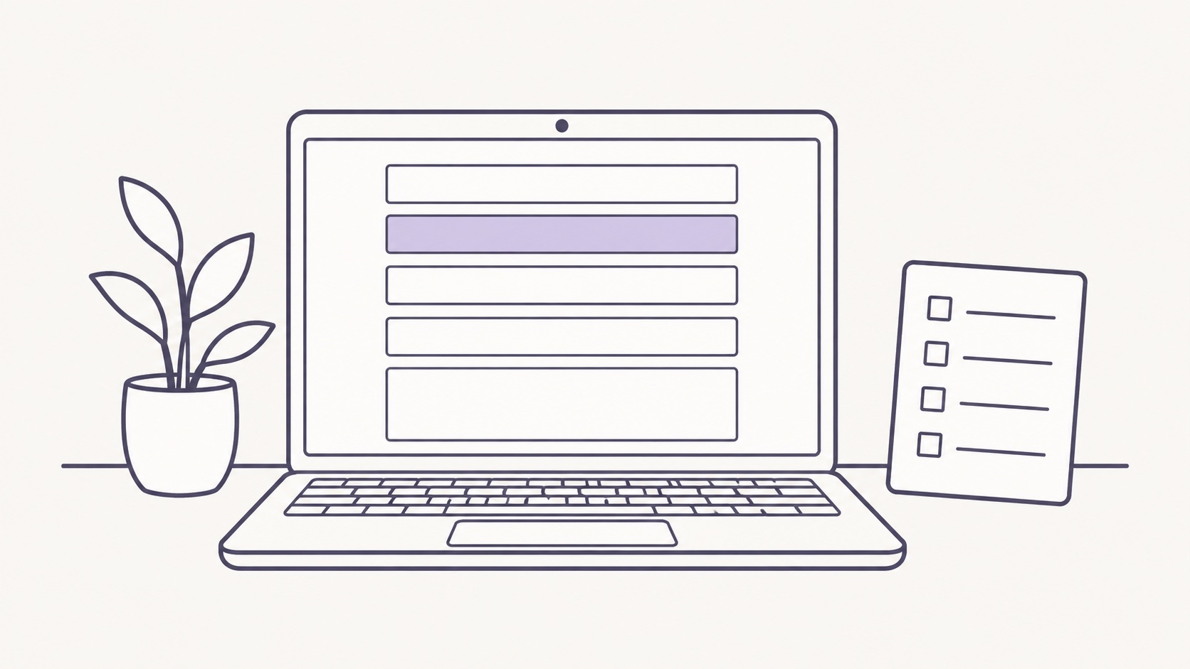 A laptop showing an empty online form beside a small checklist card