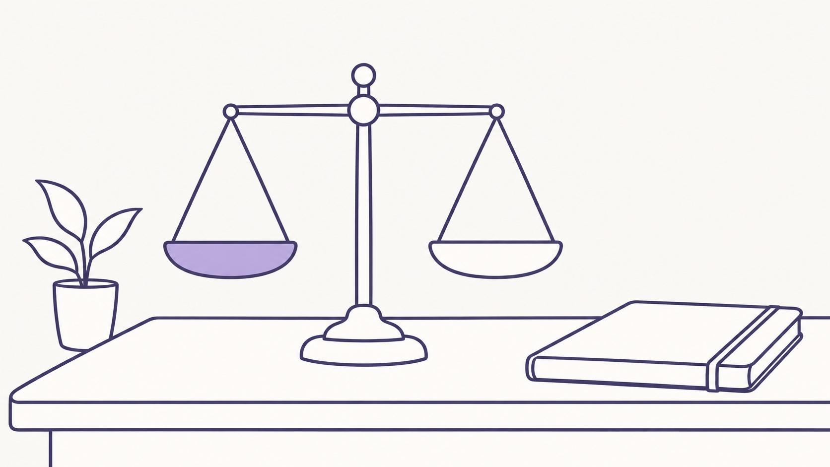 A balance scale with two empty pans beside a closed notebook
