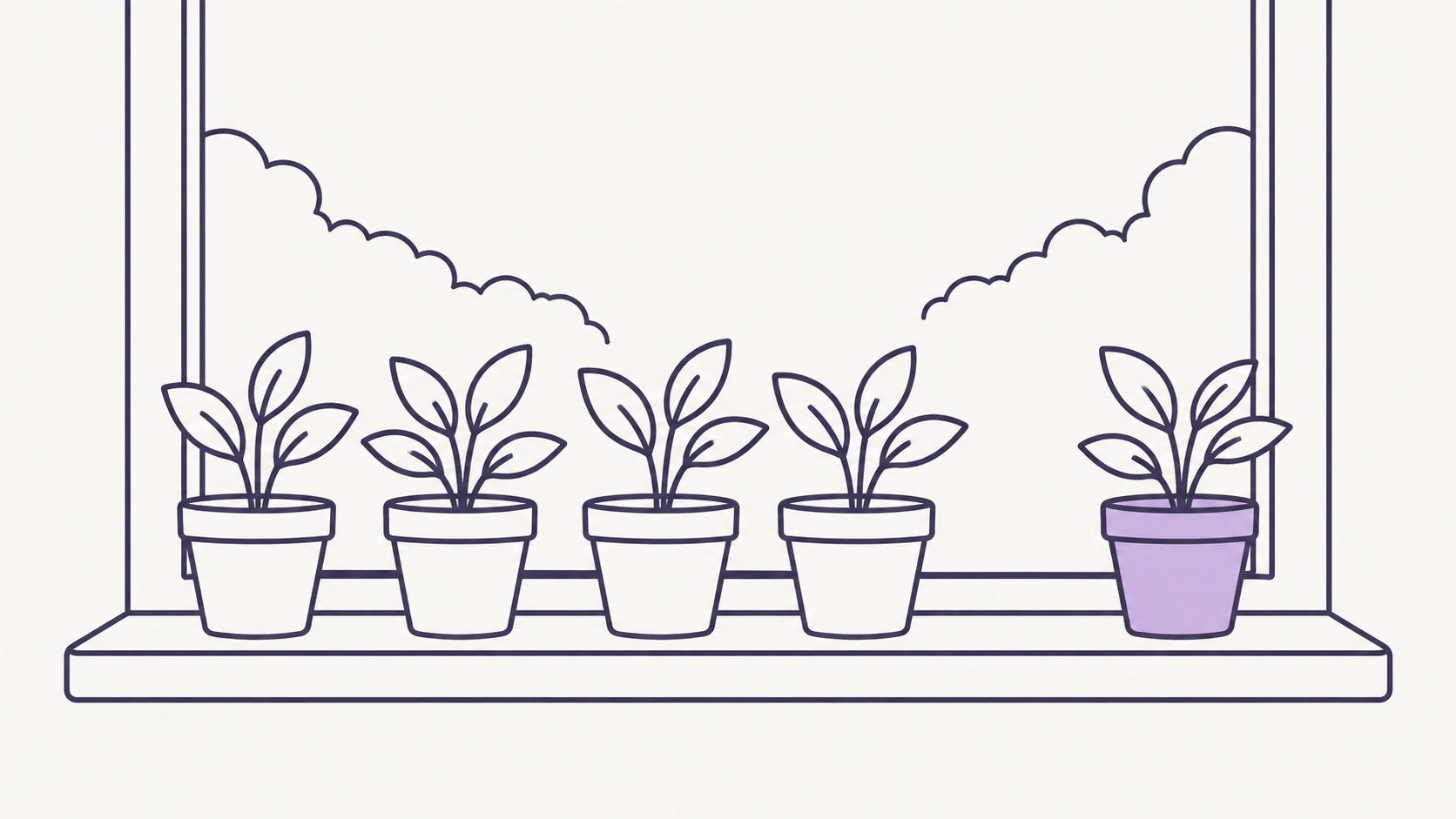 A row of five plant pots on a windowsill, with the last one moved apart