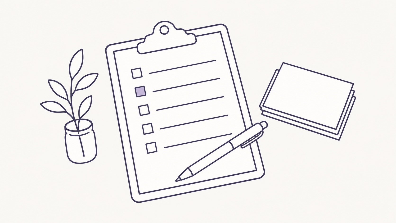 A clipboard with a blank checklist form, a pen and a stack of note cards