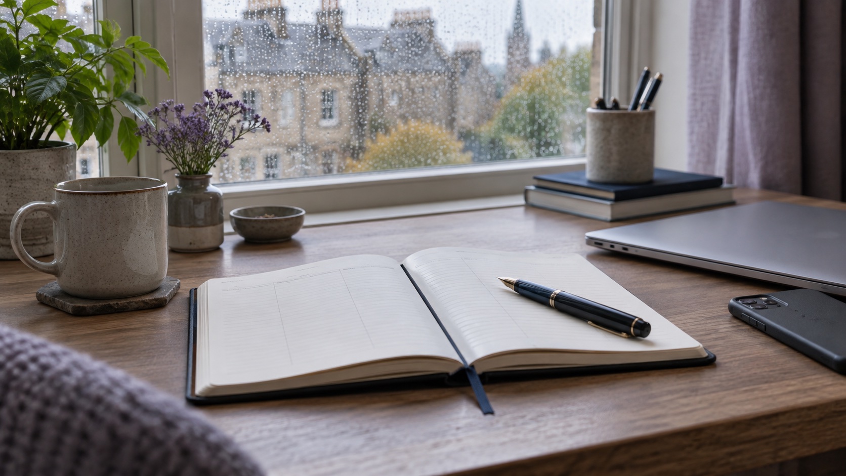 An open workplace diary beside a pen on a private desk