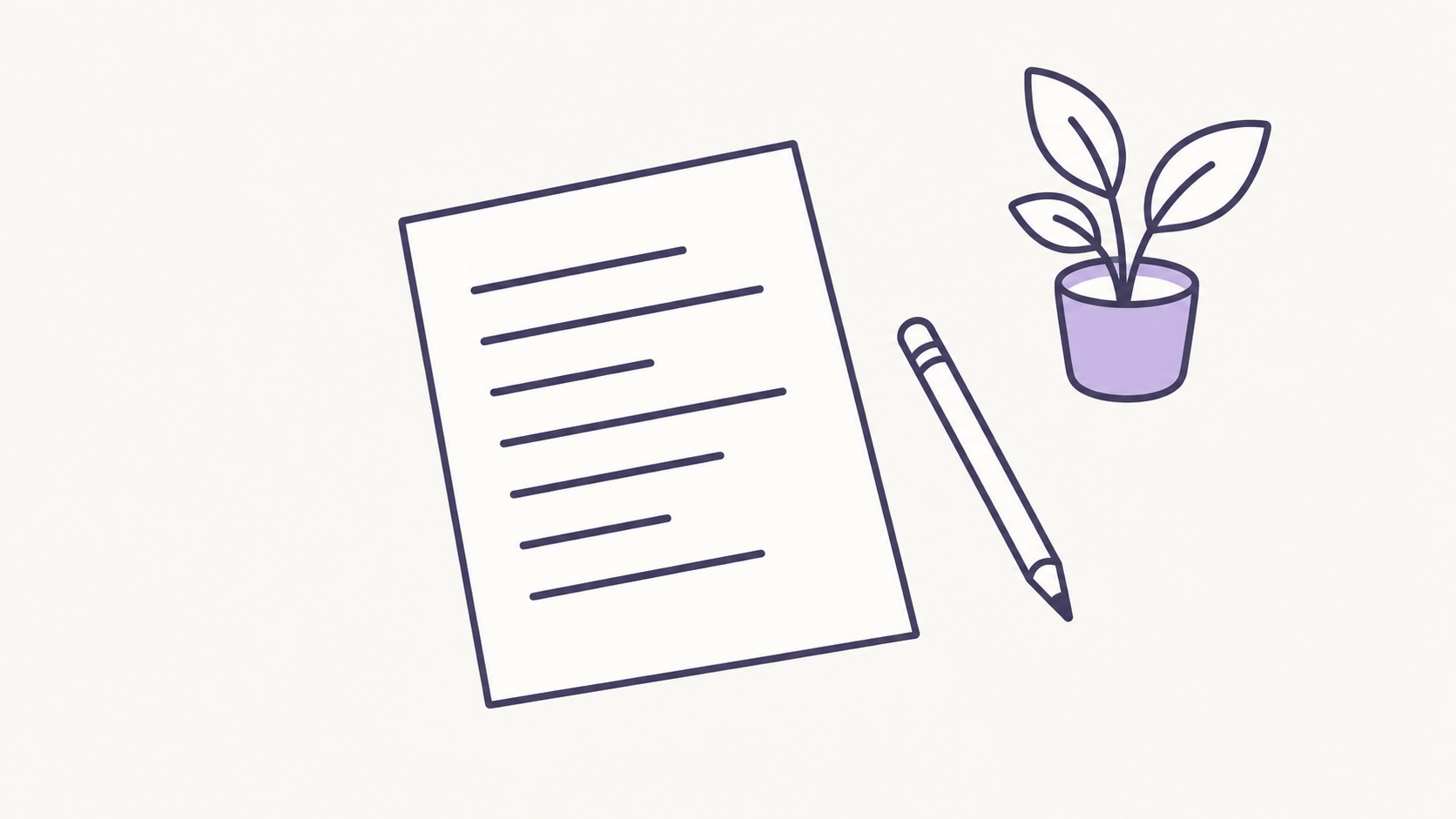 A sheet with seven short lines, a pencil and a small plant