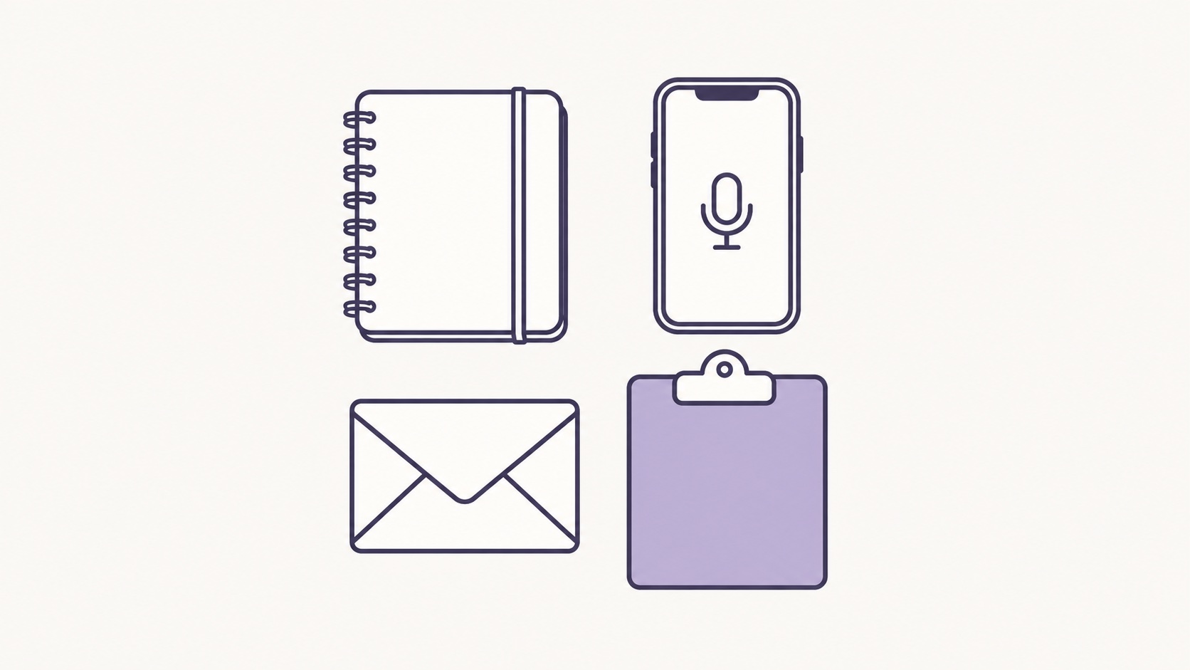 Um caderno pequeno, um celular com símbolo de microfone, um envelope e uma prancheta