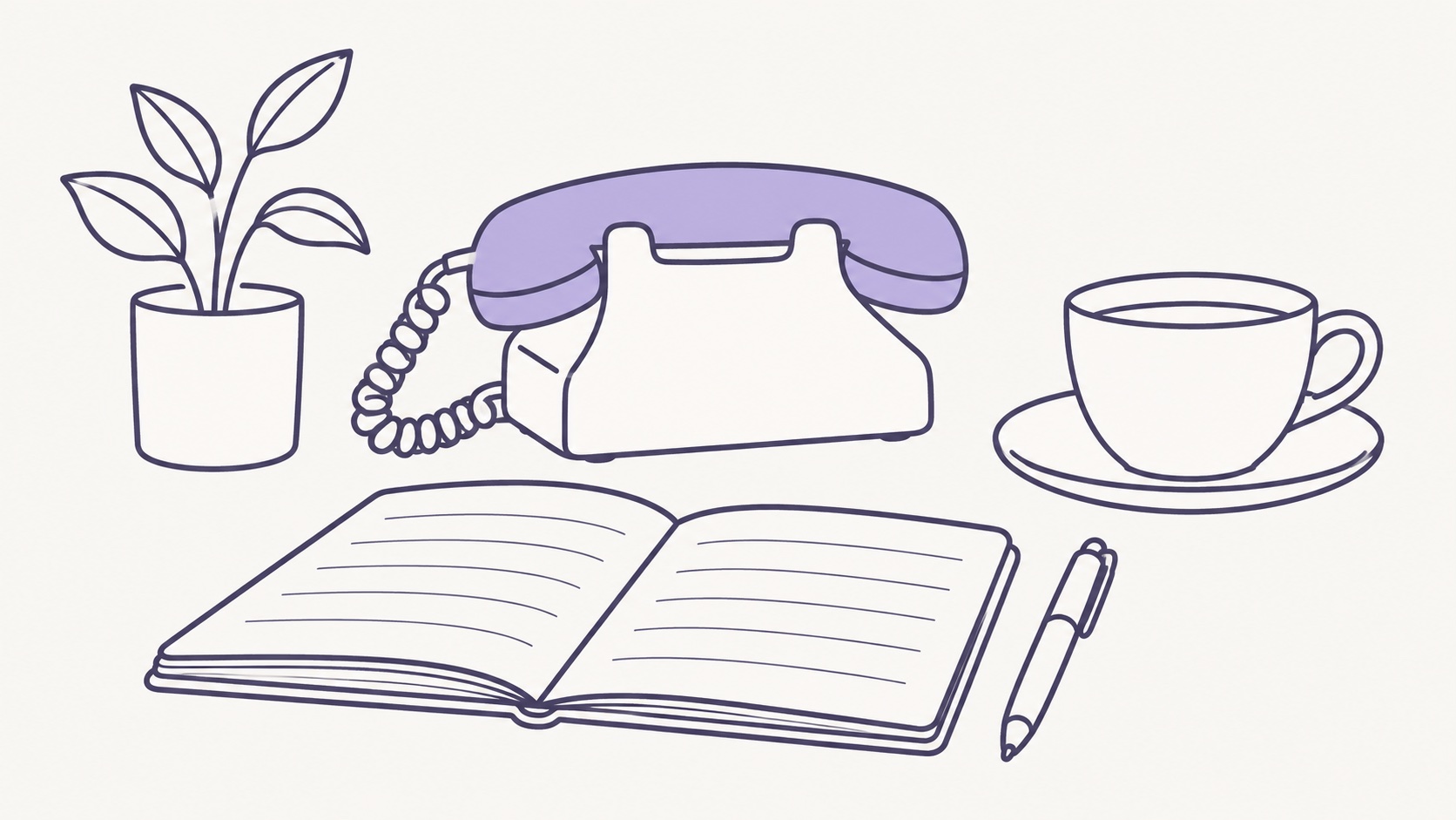 A telephone handset on its base beside an open notebook and a cup of tea