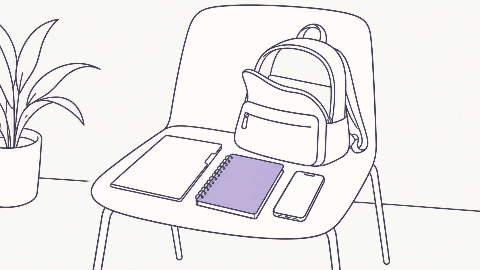 Uma mochila aberta sobre uma cadeira, com pasta, caderno e celular separados para a consulta