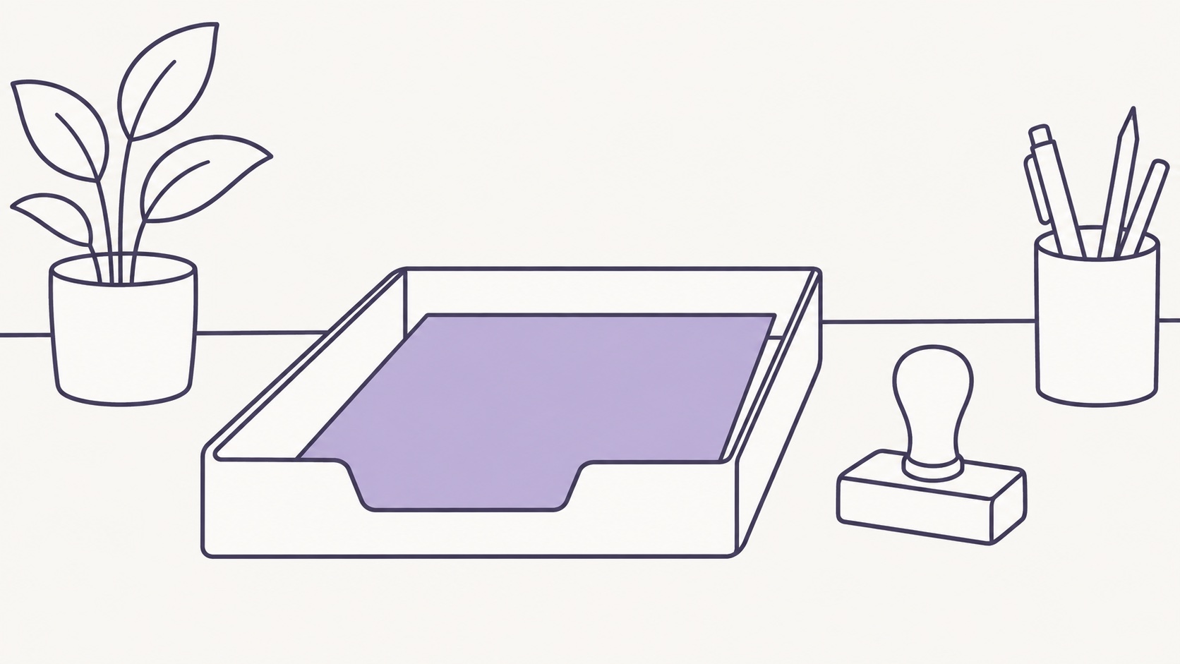 A single sheet in a desk in-tray next to a blank rubber stamp