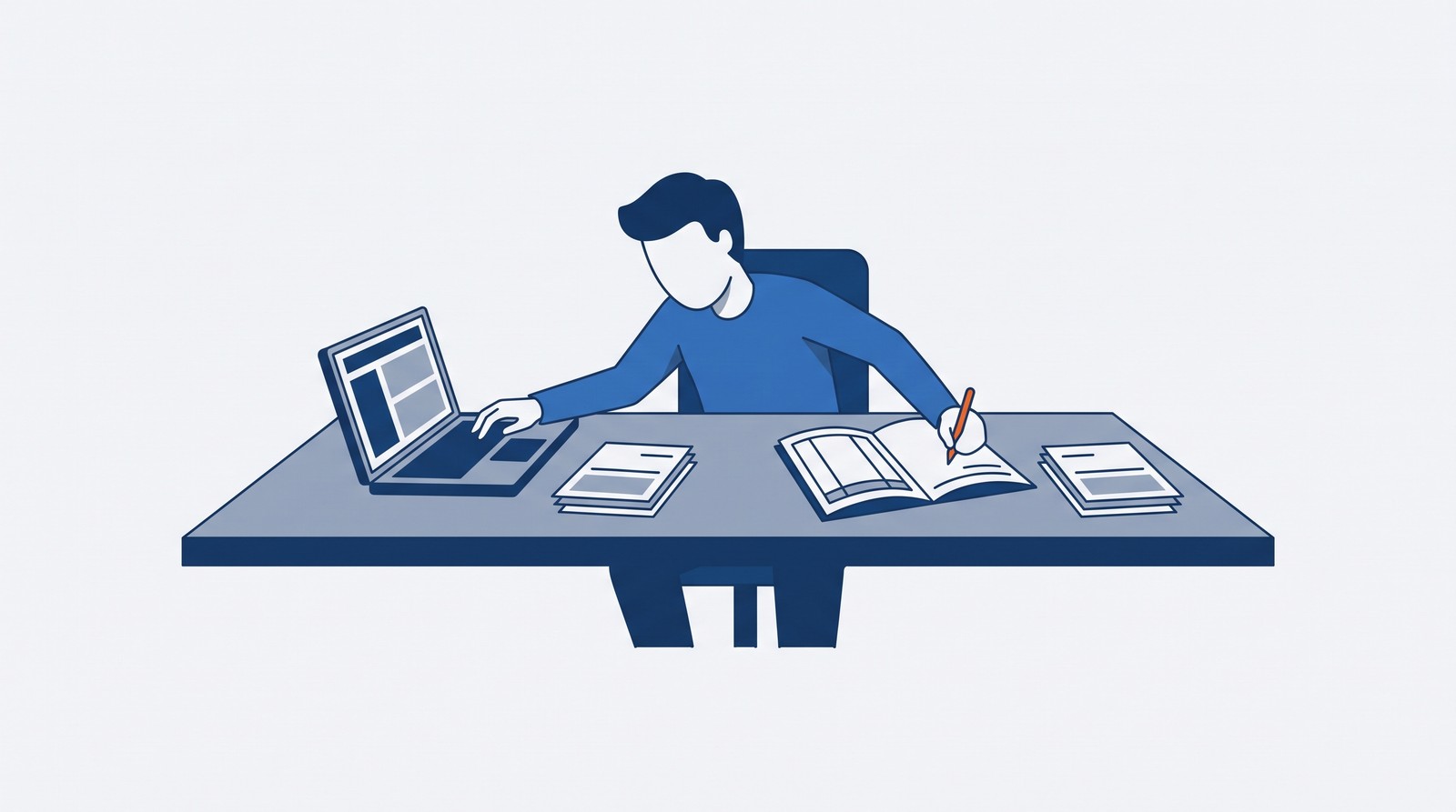 紙の台帳とパソコンの両方に、同じ内容を入力している社員のイラスト