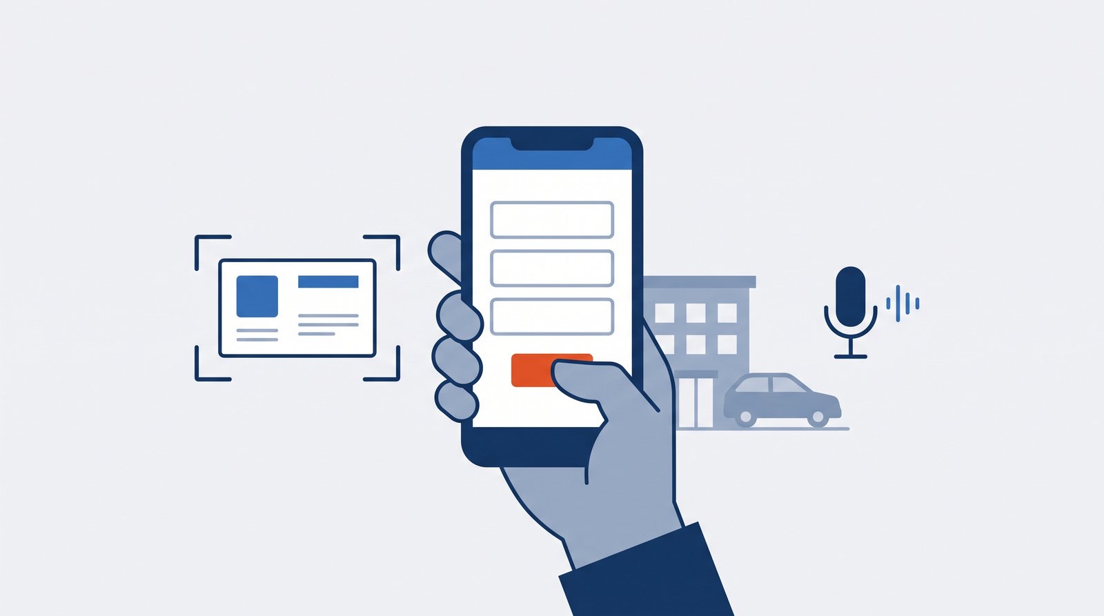 商談の直後に、スマートフォンで3項目だけの入力を済ませる様子を表したイラスト。名刺の撮影と音声入力も使える