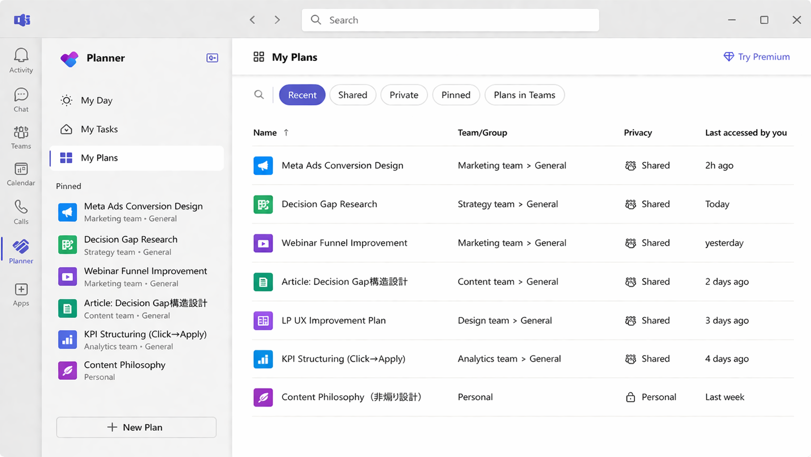 Microsoft Plannerのタスク一覧画面(チームごとの進捗管理)
