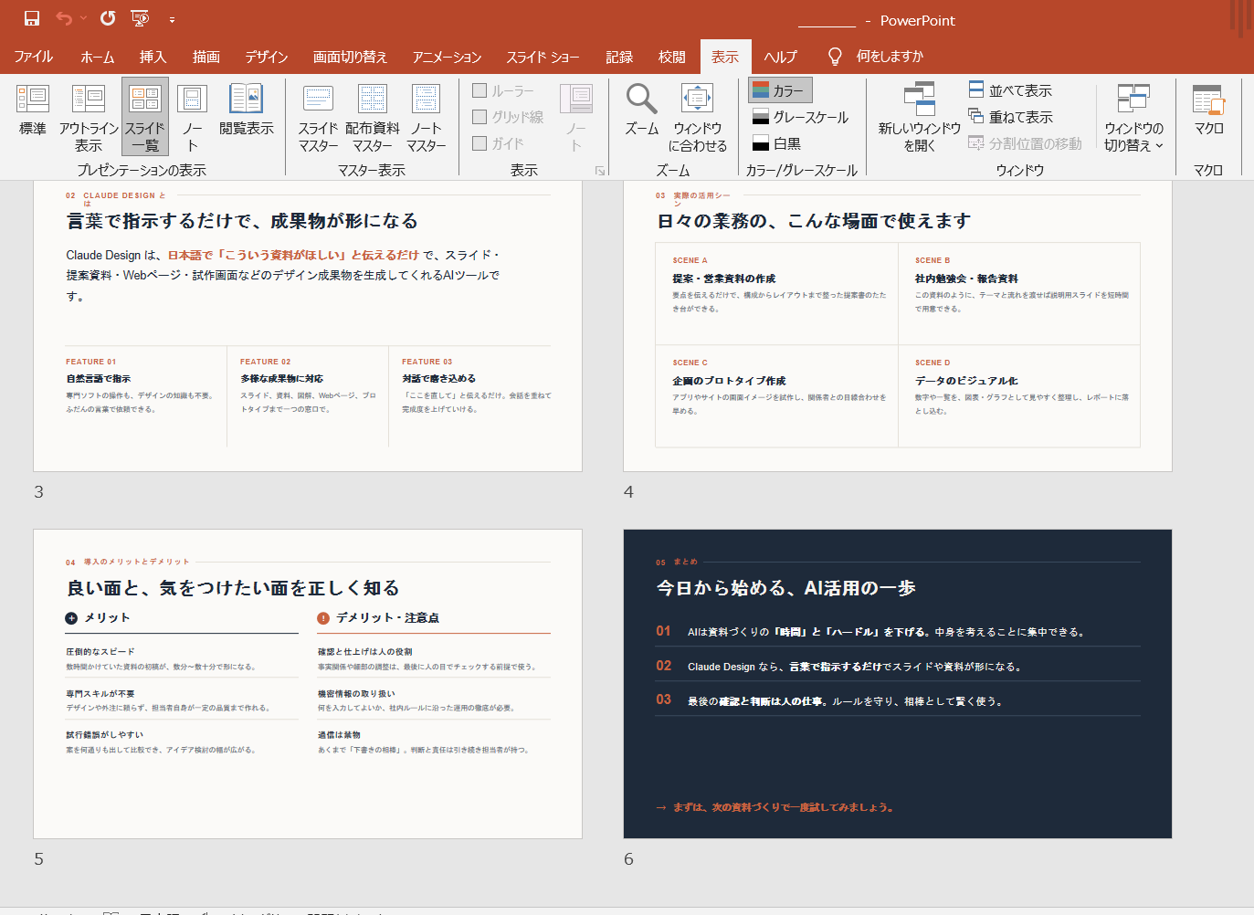 PowerPointのスライド一覧表示。Claude Designから出力した6枚のスライドが並んで表示されており、表紙・課題・機能説明・活用シーン・メリットデメリット・まとめの構成が確認できる。