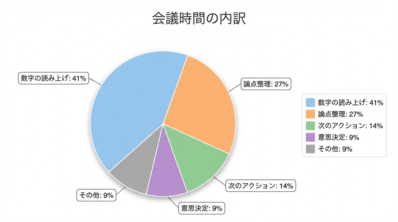 会議時間の内訳(数字の読み上げ、論点整理、次のアクション、意思決定、その他)