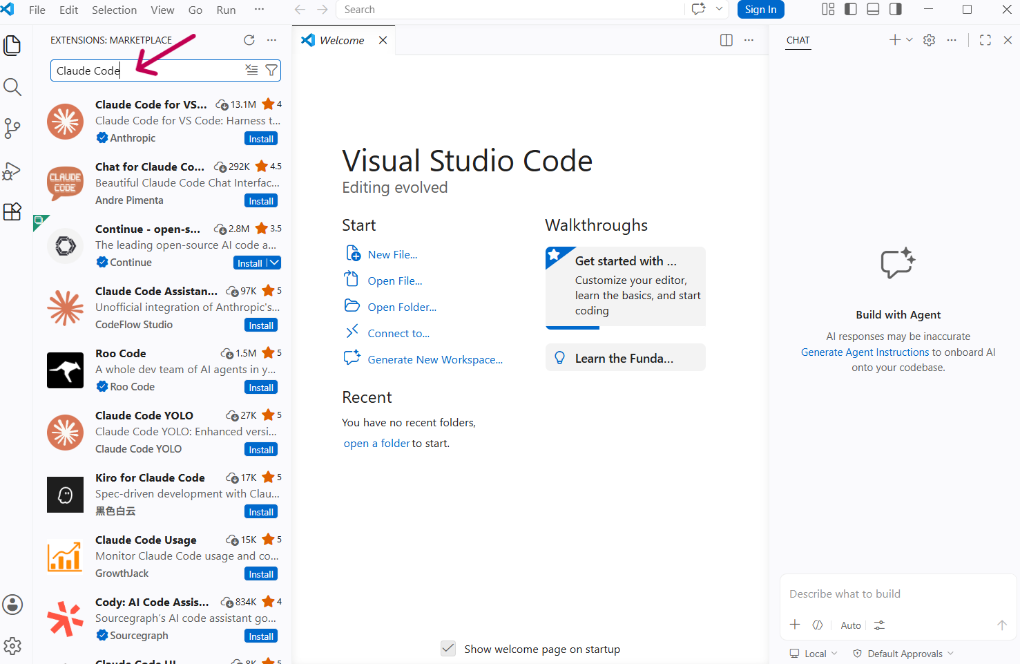 VS Codeの拡張機能マーケットプレイスでClaude Codeを検索した結果画面。一番上にAnthropicが開発元の「Claude Code for VS Code」が表示されている