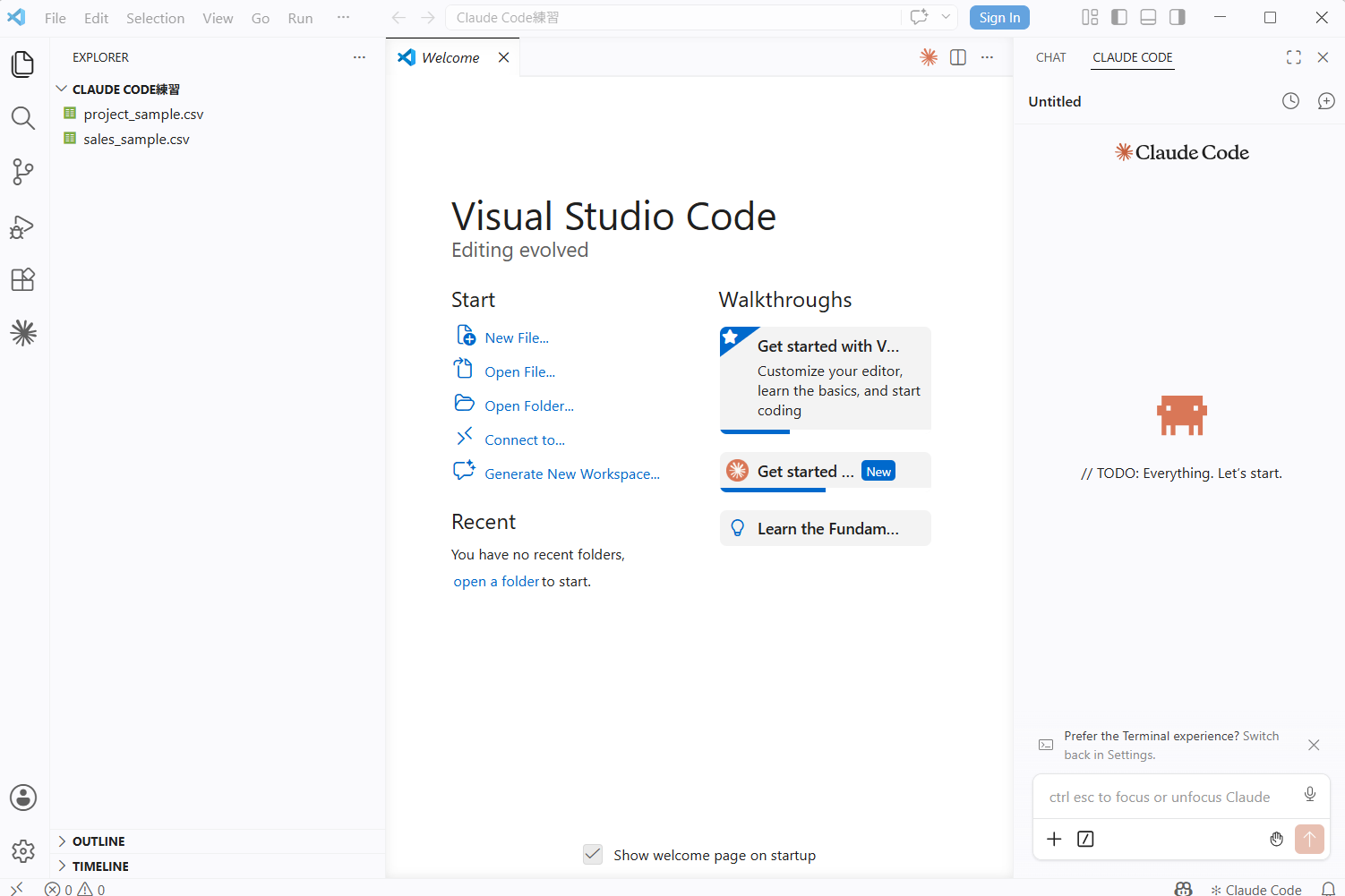 VS Codeの右側にClaude Codeのパネルが開き、下部に日本語で指示を入力できる入力欄が表示されている状態