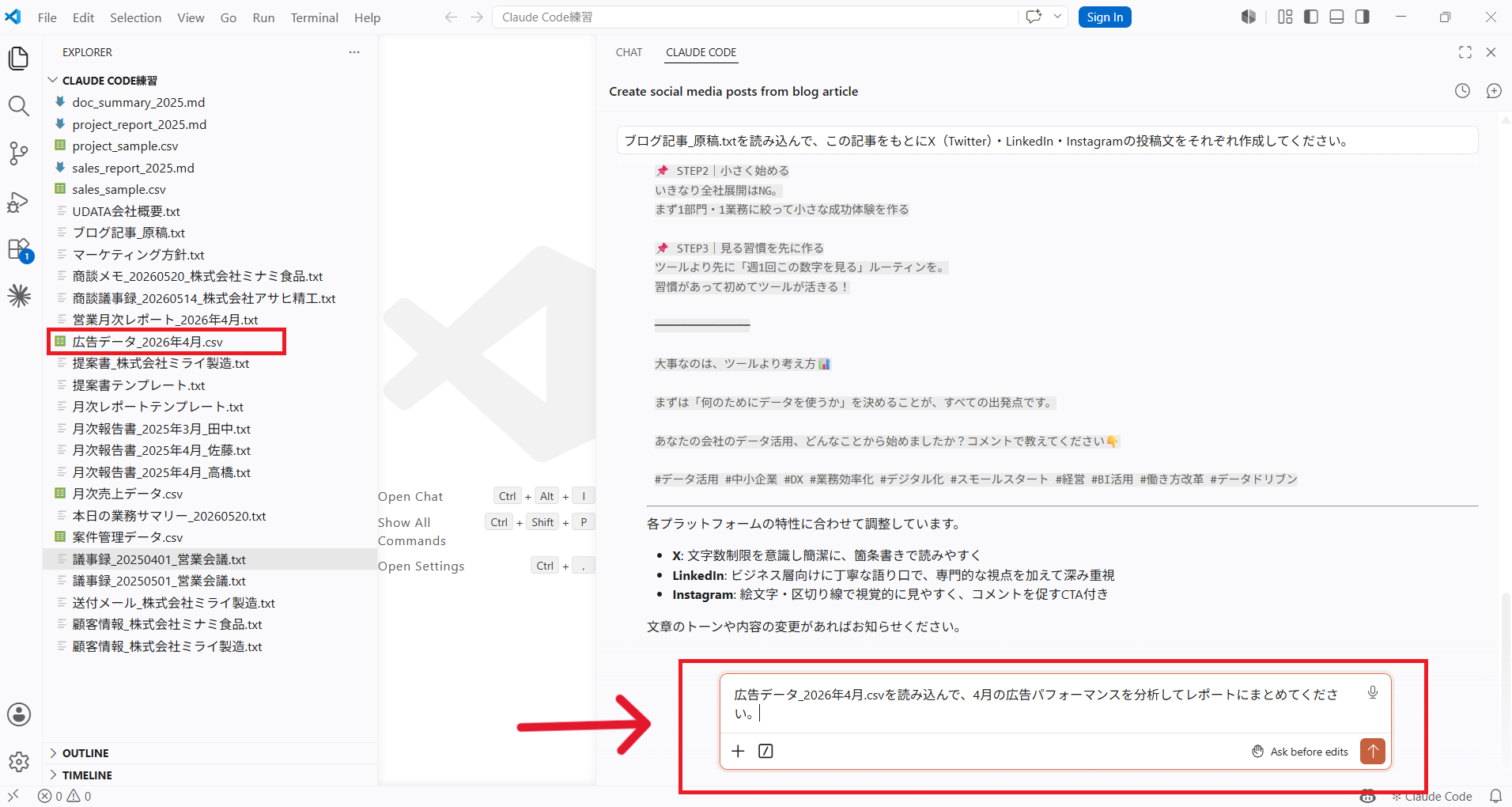 広告データCSVの読み込みと広告パフォーマンス分析レポート作成の指示文を入力している画面