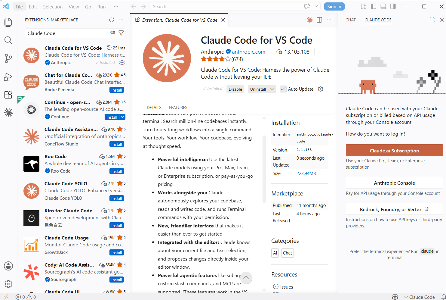 VS CodeのClaude Codeパネルにログイン方法の選択画面が表示され「Claude.ai Subscription」のボタンが表示されている状態
