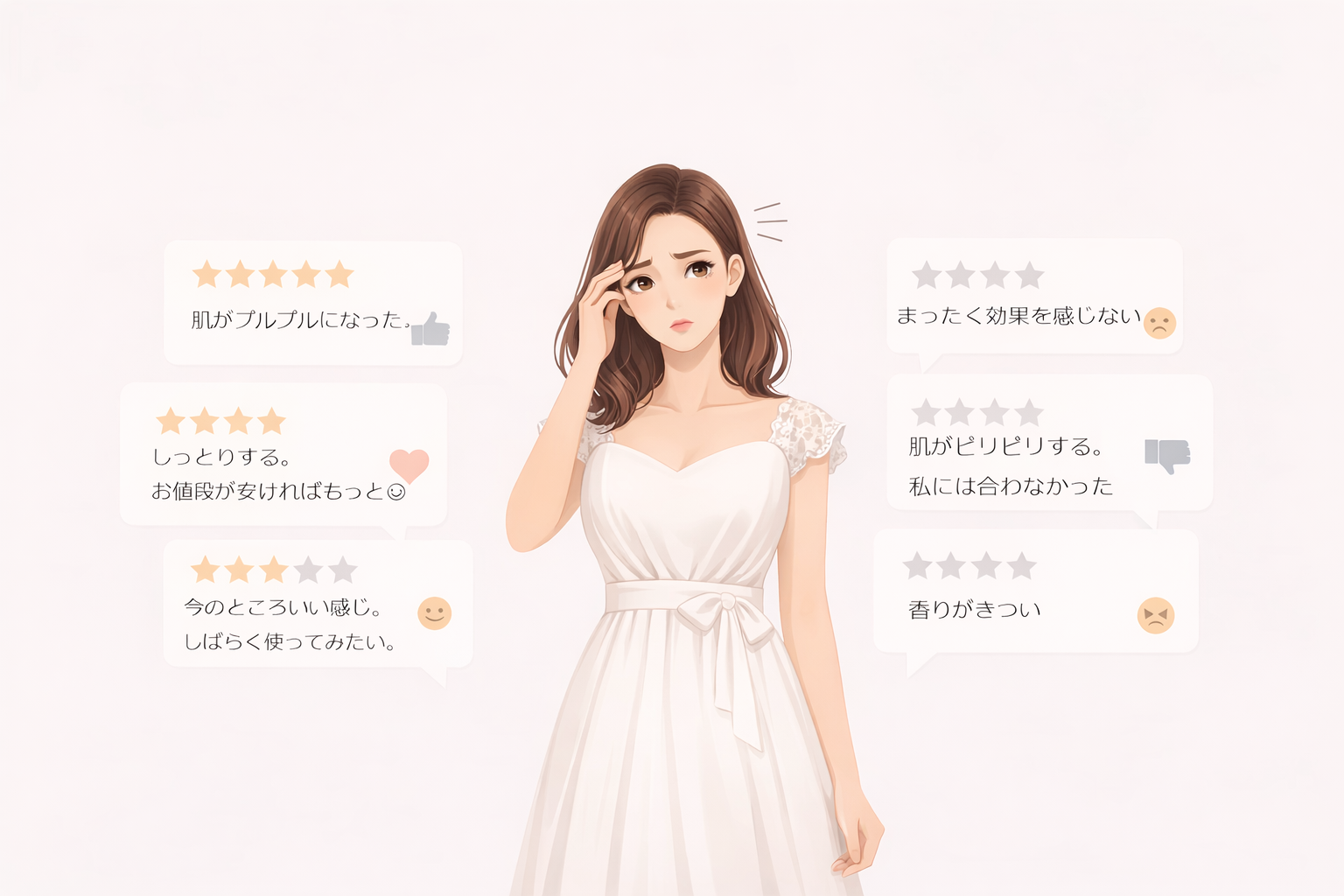 口コミの評価に何を信じるべきか悩む女性