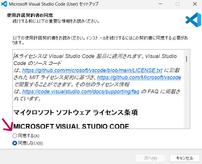 Visual Studio Codeセットアップの使用許諾契約書の同意画面で「同意する」を選択している状態
