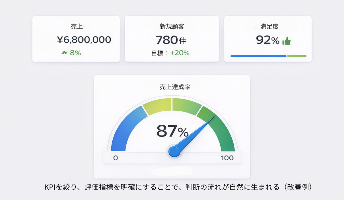 KPIを絞りゲージで評価を示すことで判断しやすくしたダッシュボードの例