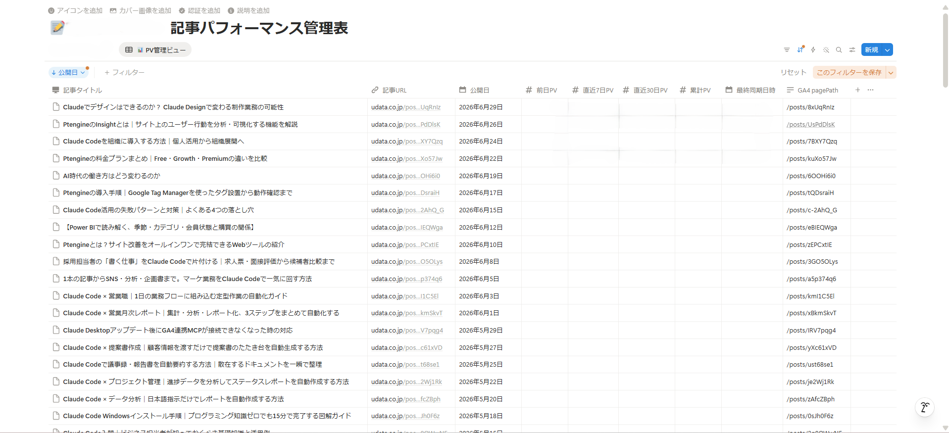 面記事URLからGA4 pagePathを自動生成した後のNotion画面