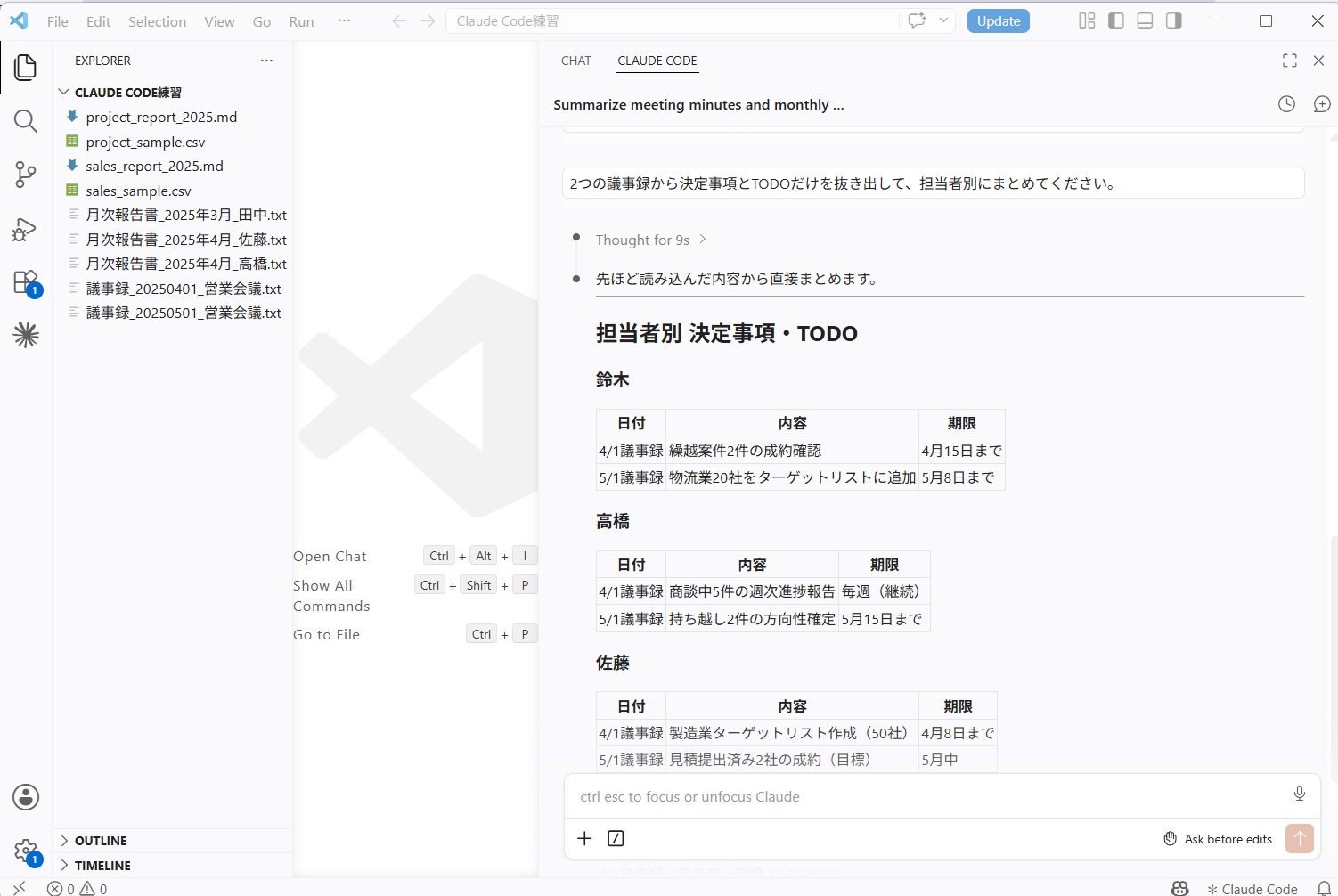 Claude Codeが議事録から抽出した担当者別の決定事項・TODO一覧。鈴木・高橋・佐藤それぞれのタスクが日付・内容・期限の表形式で整理されている