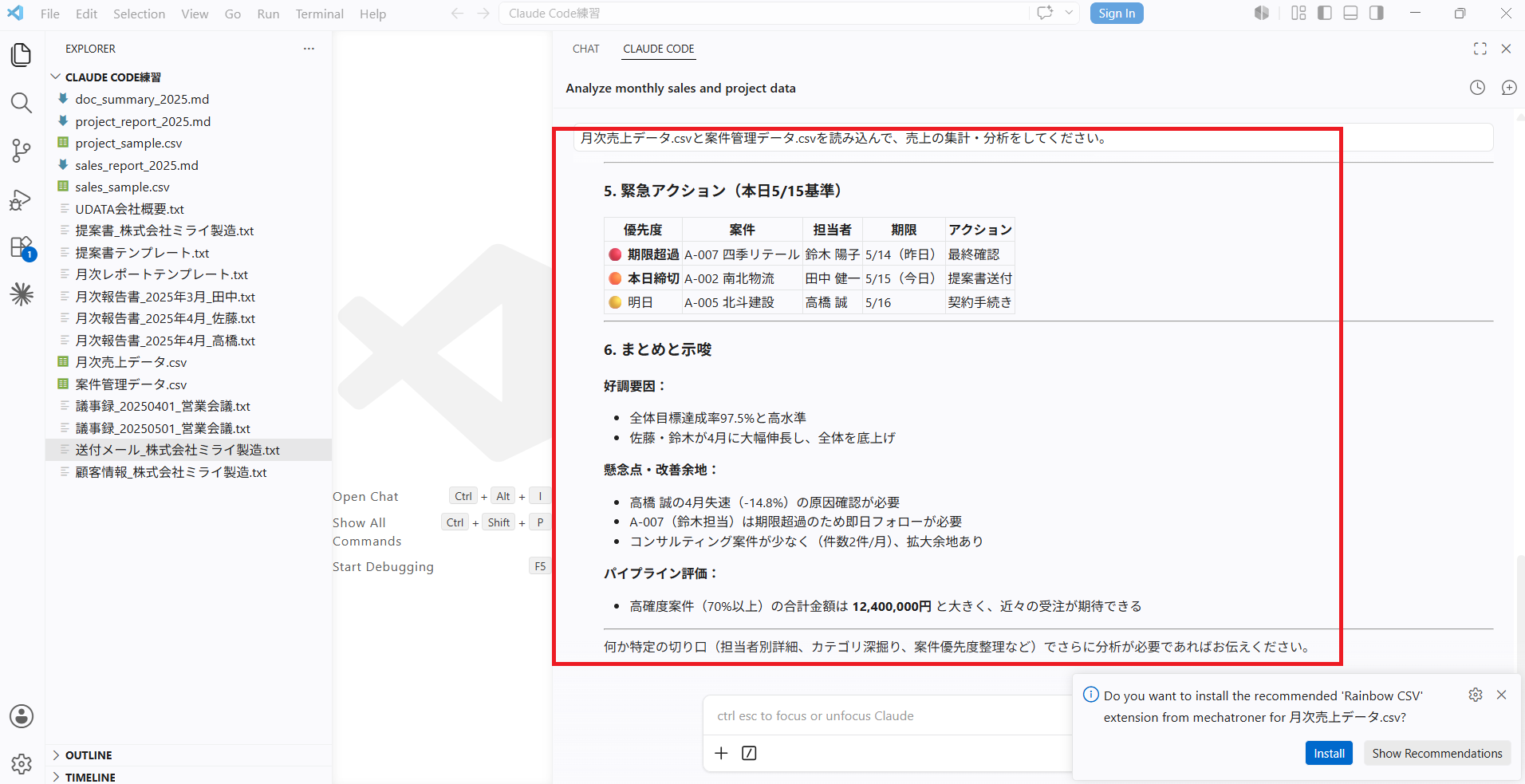 緊急アクション一覧とまとめ・示唆が表示された分析結果画面