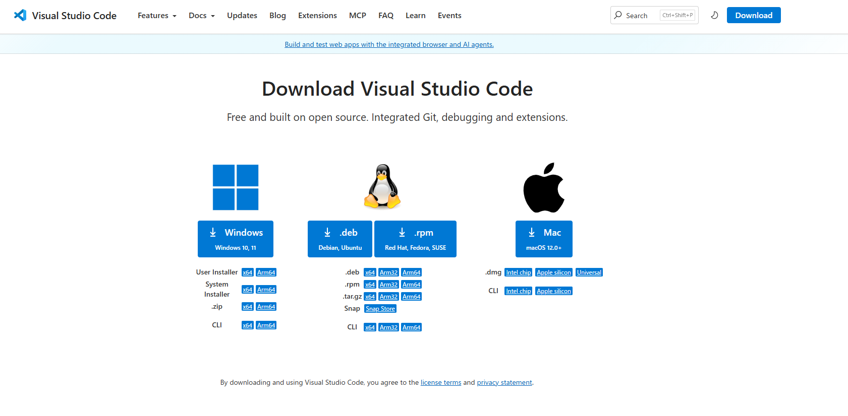 Visual Studio CodeのダウンロードページでWindows・Linux・Macの3種類のダウンロードボタンが表示されている画面