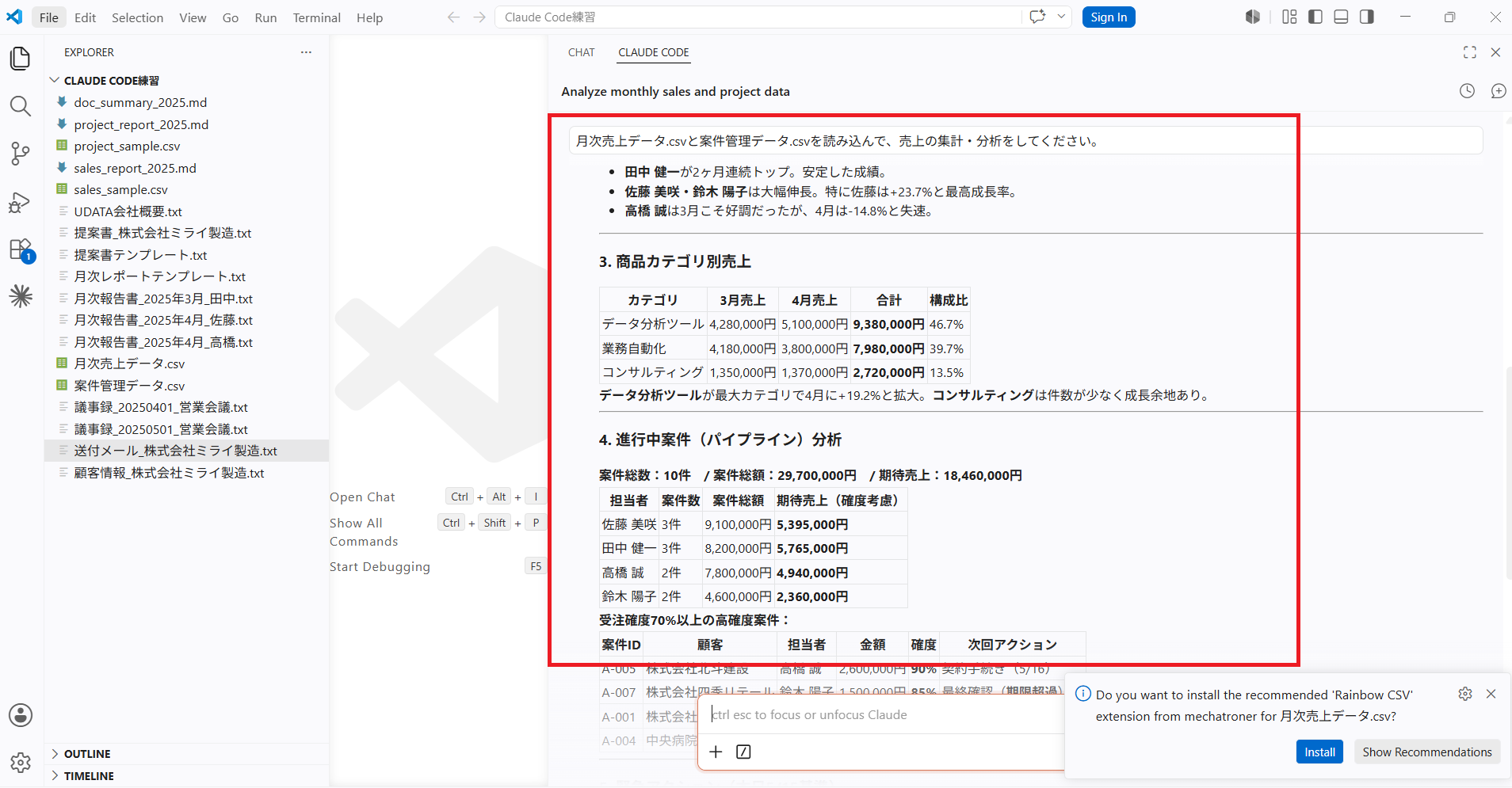 商品カテゴリ別売上とパイプライン分析が表示された分析結果画面