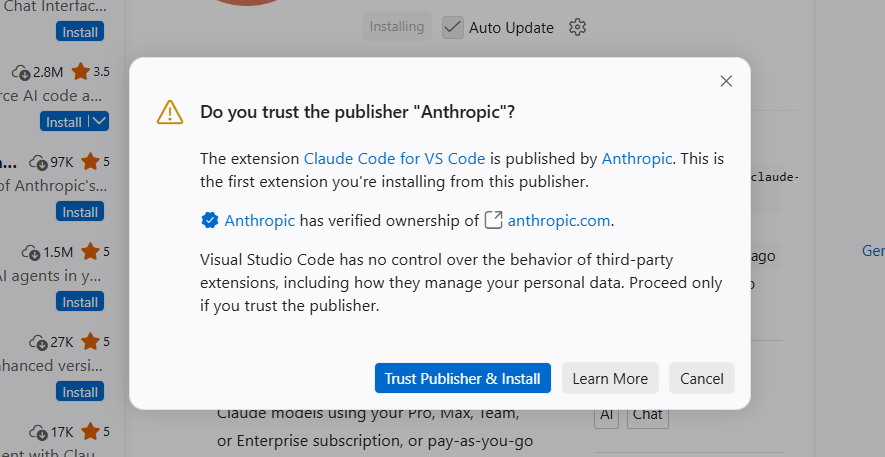 Anthropicが確認済みパブリッシャーであることを示す信頼確認ダイアログで「Trust Publisher & Install」ボタンが表示されている画面