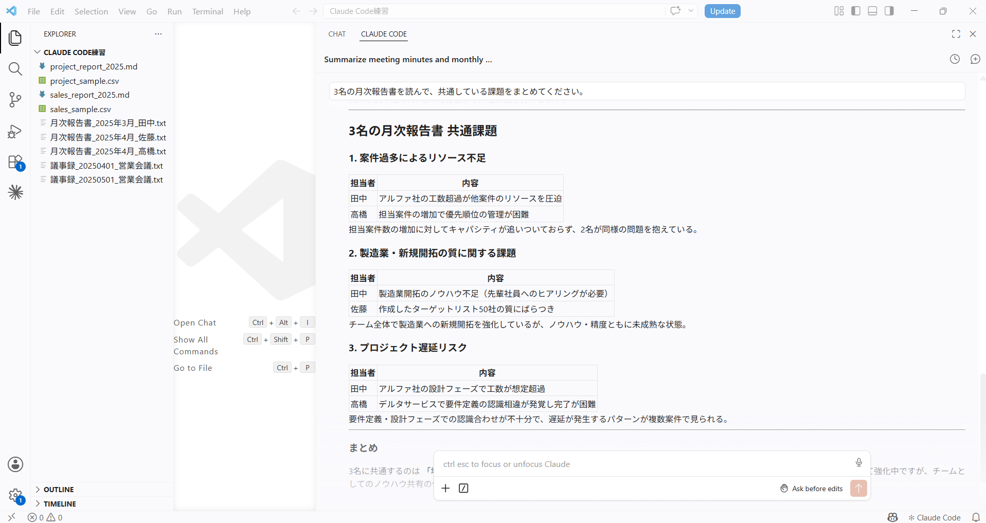 3名の月次報告書を横断分析した結果として「案件過多によるリソース不足」「製造業・新規開拓の質に関する課題」が担当者別の表とともに出力された画面