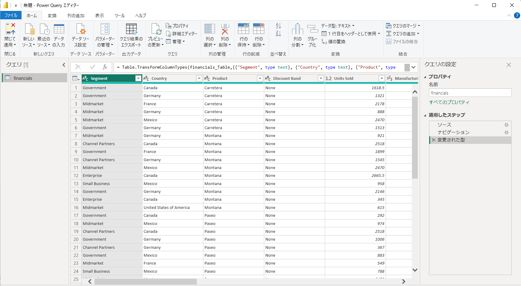 Power Queryエディターの画面。Segment・Country・Productなどの列が並ぶデータが表形式で表示され、右側に「適用したステップ」が記録されている