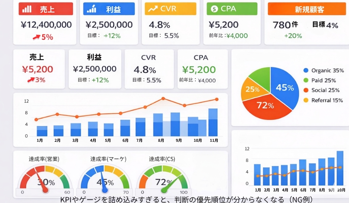 KPIやゲージが多すぎて判断の優先順位が分かりにくいダッシュボードの例