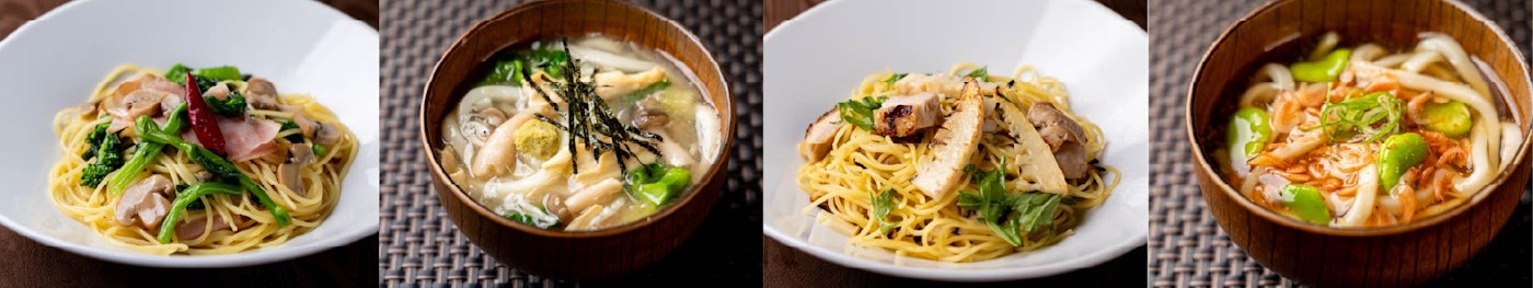 左から　2月 菜の花とベーコンのペペロンチーノ／3月 しらすと湯葉のみぞれあんかけうどん／4月 焼筍と塩鶏の柚子胡椒パスタ／5月 そら豆と紅海老のかきたまうどん