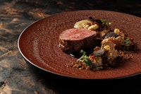 Roasted Kobe beef with mushroom fricassee, truffle and red wine sauce