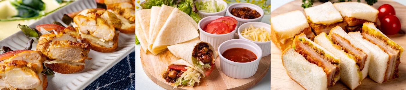 左から　6月 チキンケバブサンド／7月 チリコンカンタコス／8月 ハムカツサンド