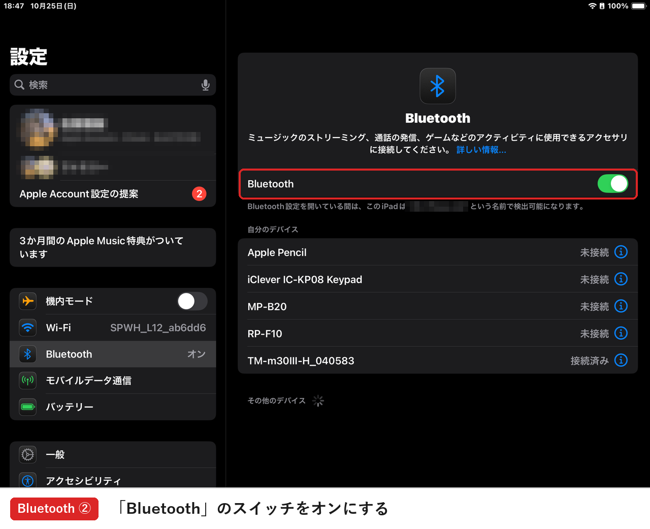 iPad の「設定」→「Bluetooth」のスイッチをオンにする