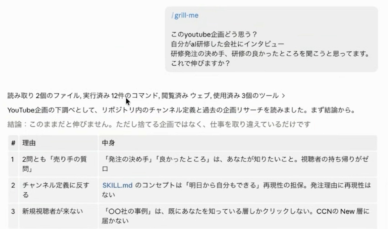 Grill Meスキルの回答画面。提案せず結論と理由だけを返し、判断の穴を突いている