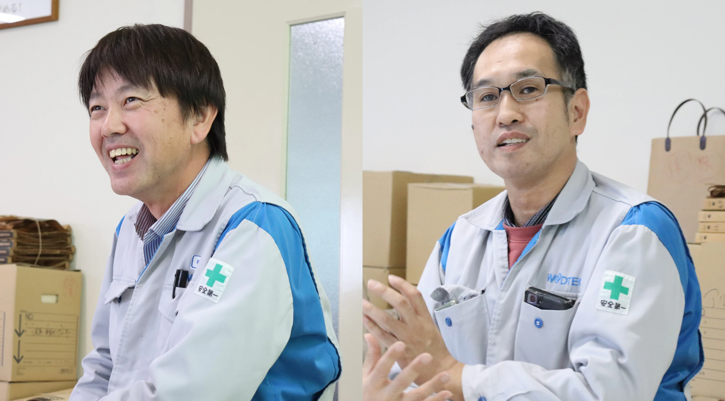 <p>朝日銘木株式会社<br>朝日銘木製造部<br>統括部長 兼 突板工場長 橋野 仁様（左）<br>突板工場　製造二課 課長 三上彰憲様（右）</p>