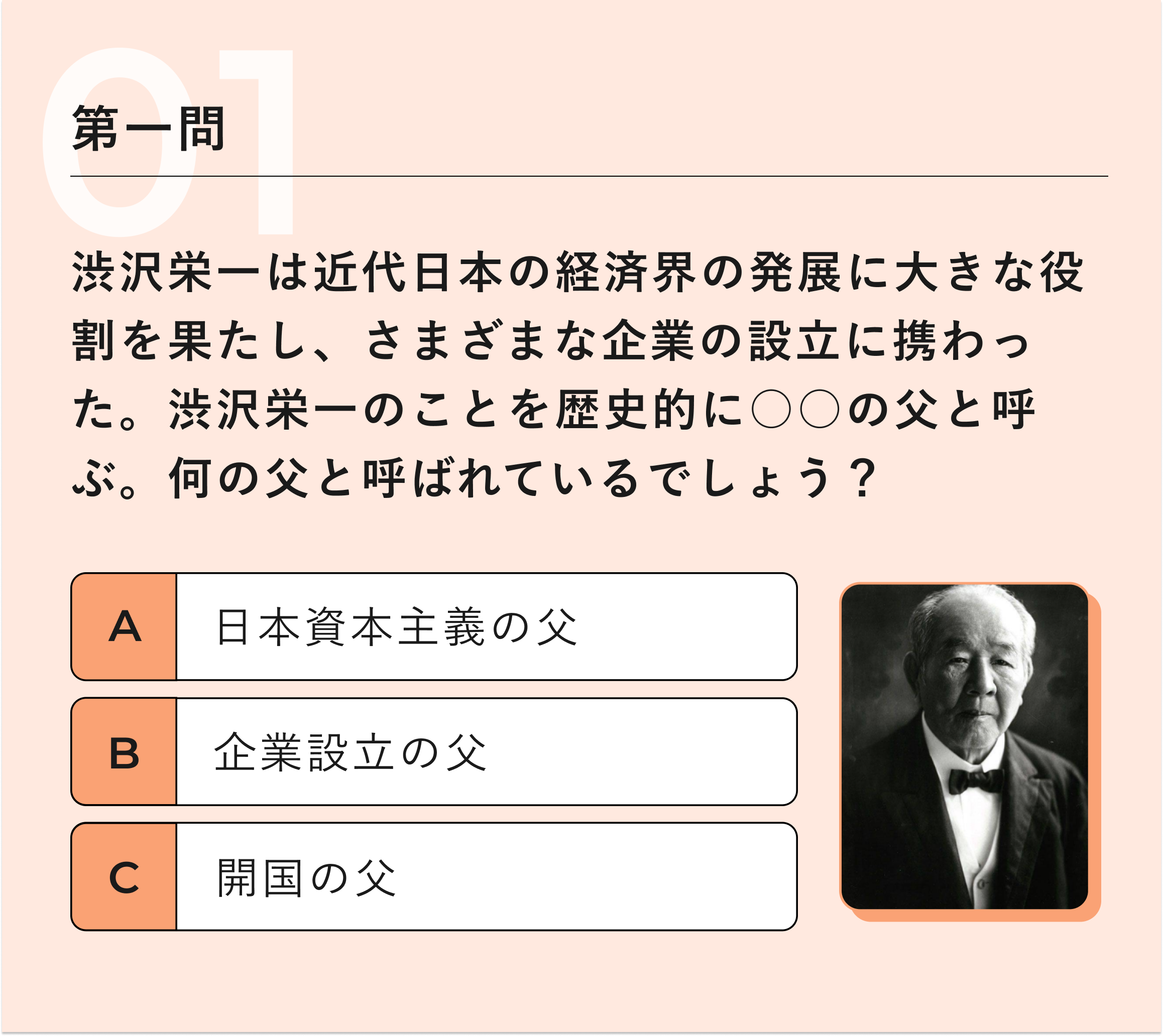 第一問：渋沢栄一は近代日本の経済界の発展に大きな役割を果たし、 さまざまな 企業の設立に携わった。渋沢栄一のことを歴史的に○○の父と呼ぶ。 何の父と呼ばれているでしょう?　A日本資本主義の父　B企業設立の父　C開国の父