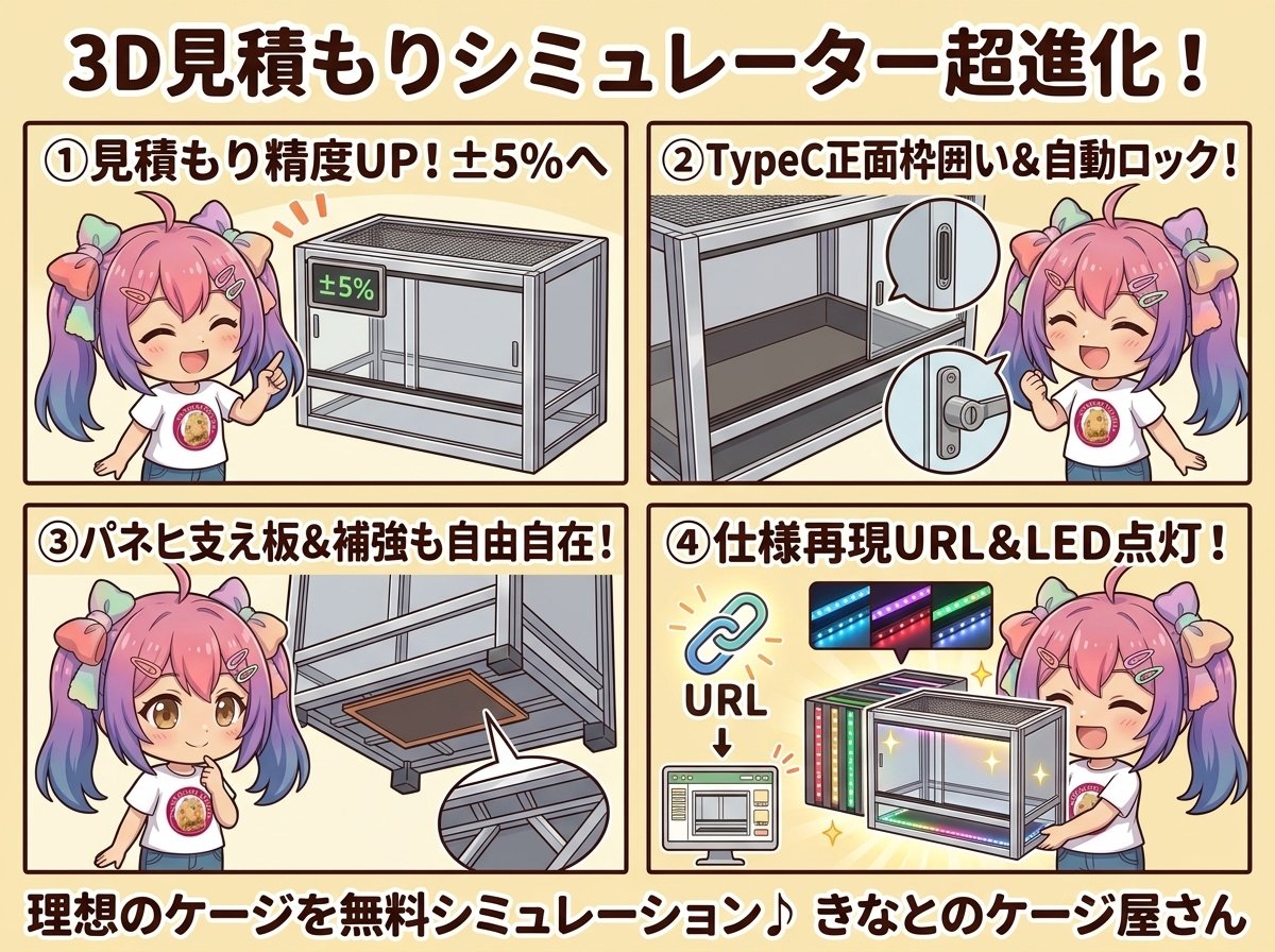 【3Dケージ見積もりシミュレーターが超進化！】金額精度が±5%へ大幅向上＆TypeC枠囲い・URL保存・LEDなど待望の6大新機能が登場！🦎✨💻の画像