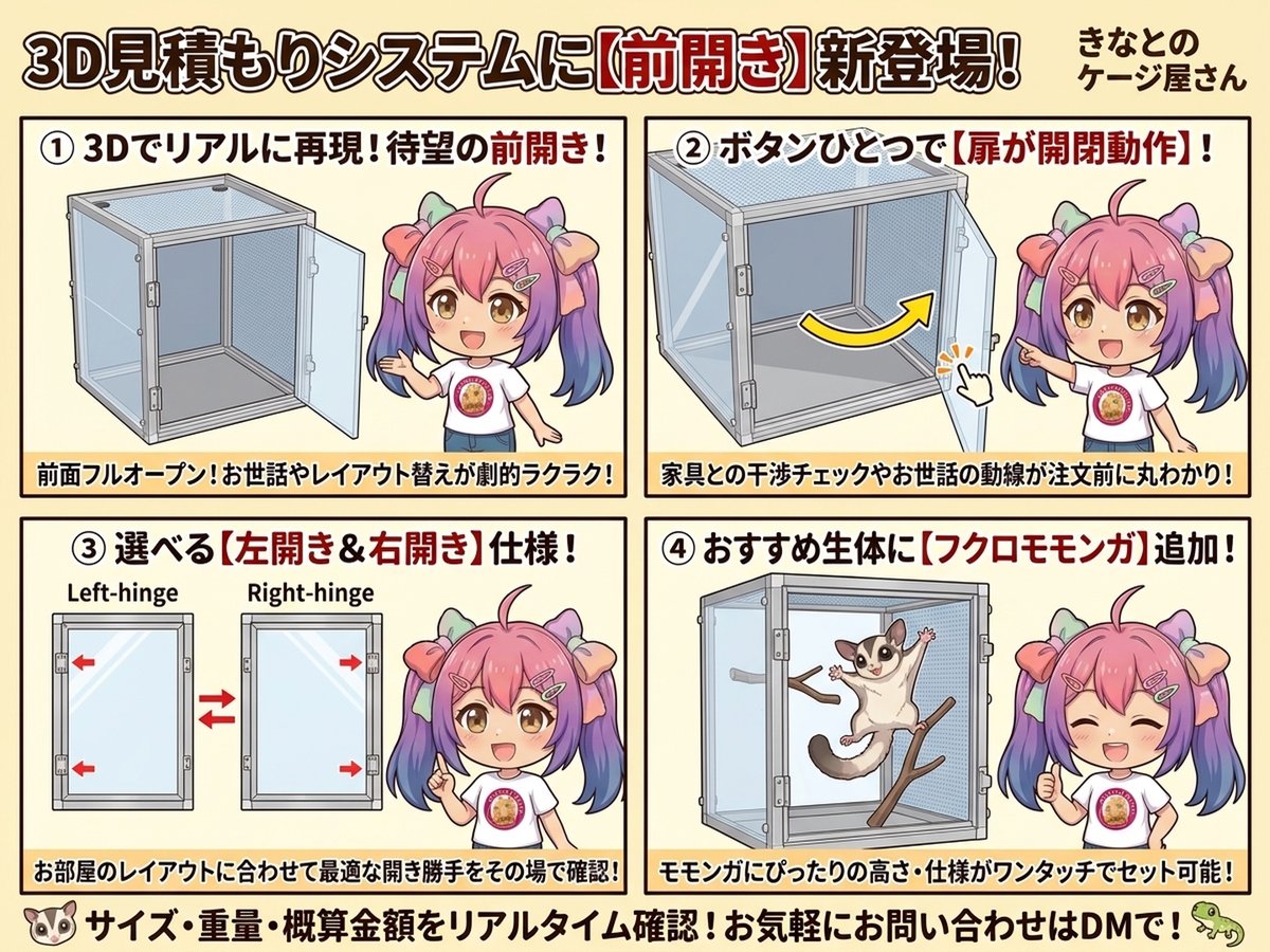 【3Dシミュレーター新機能！】ついに「前開きケージ」の再現＆見積もりに対応！リアルな扉開閉動作や「フクロモモンガ」も新登場🎉🐿️✨